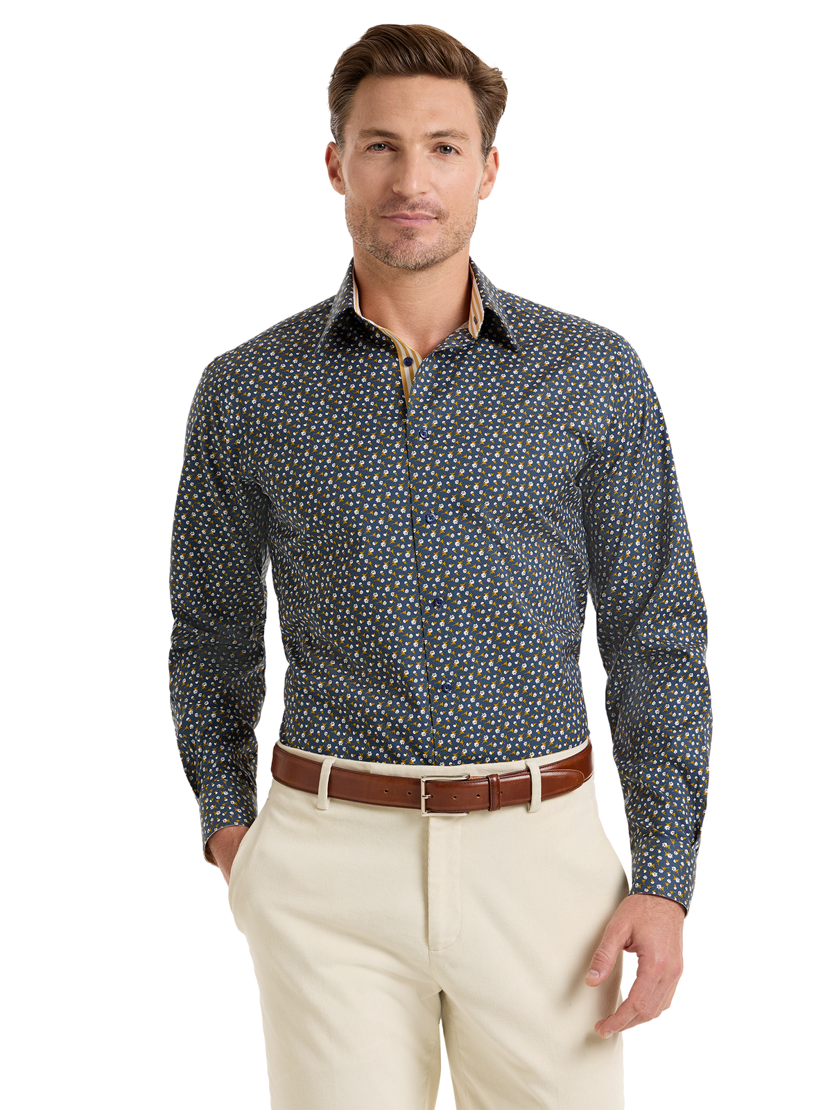 Luxury Comfort Stretch Non-Iron Floral Dress Shirt with Refined Contrast Trim