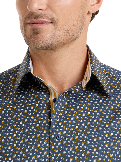 Luxury Comfort Stretch Non-Iron Floral Dress Shirt with Refined Contrast Trim