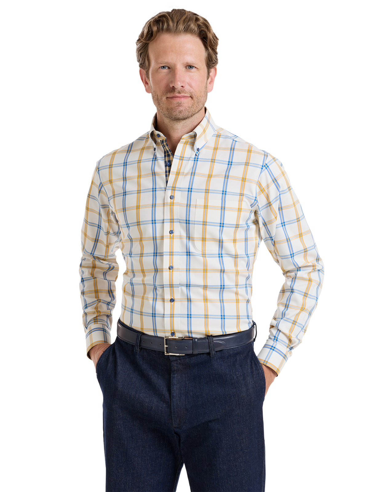 Luxury Comfort Stretch Non-Iron Windowpane Dress Shirt with Refined Contrast Trim