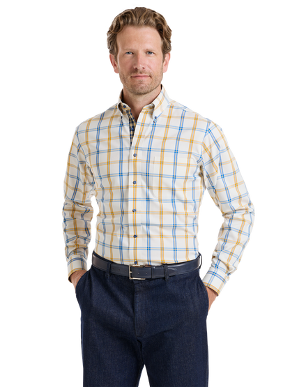 Luxury Comfort Stretch Non-Iron Windowpane Dress Shirt with Refined Contrast Trim
