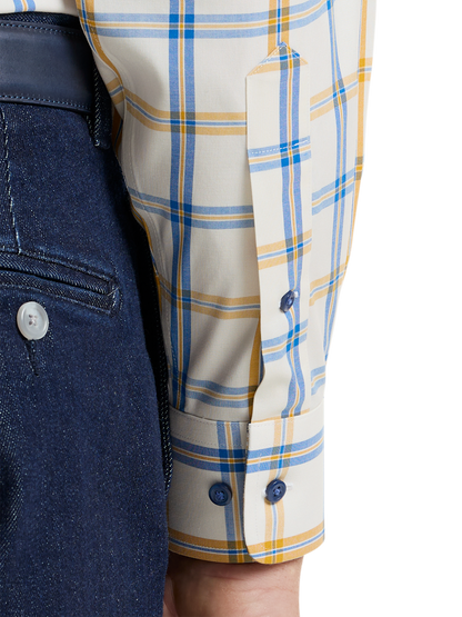 Luxury Comfort Stretch Non-Iron Windowpane Dress Shirt with Refined Contrast Trim