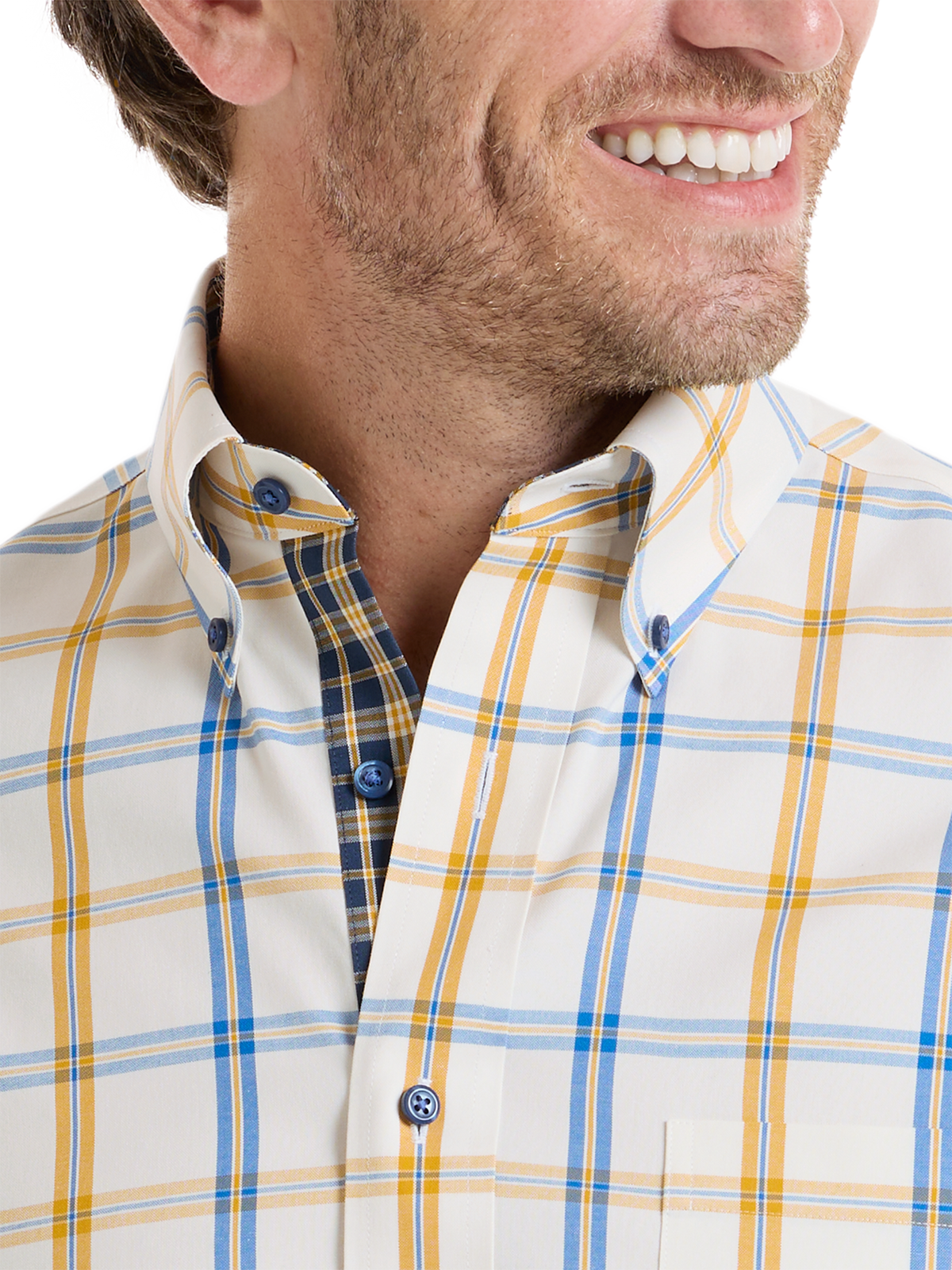 Luxury Comfort Stretch Non-Iron Windowpane Dress Shirt with Refined Contrast Trim