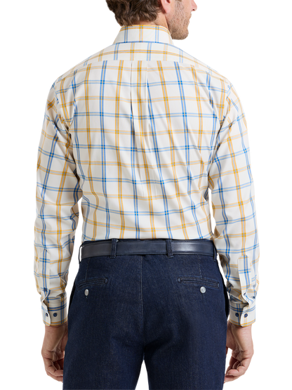 Luxury Comfort Stretch Non-Iron Windowpane Dress Shirt with Refined Contrast Trim
