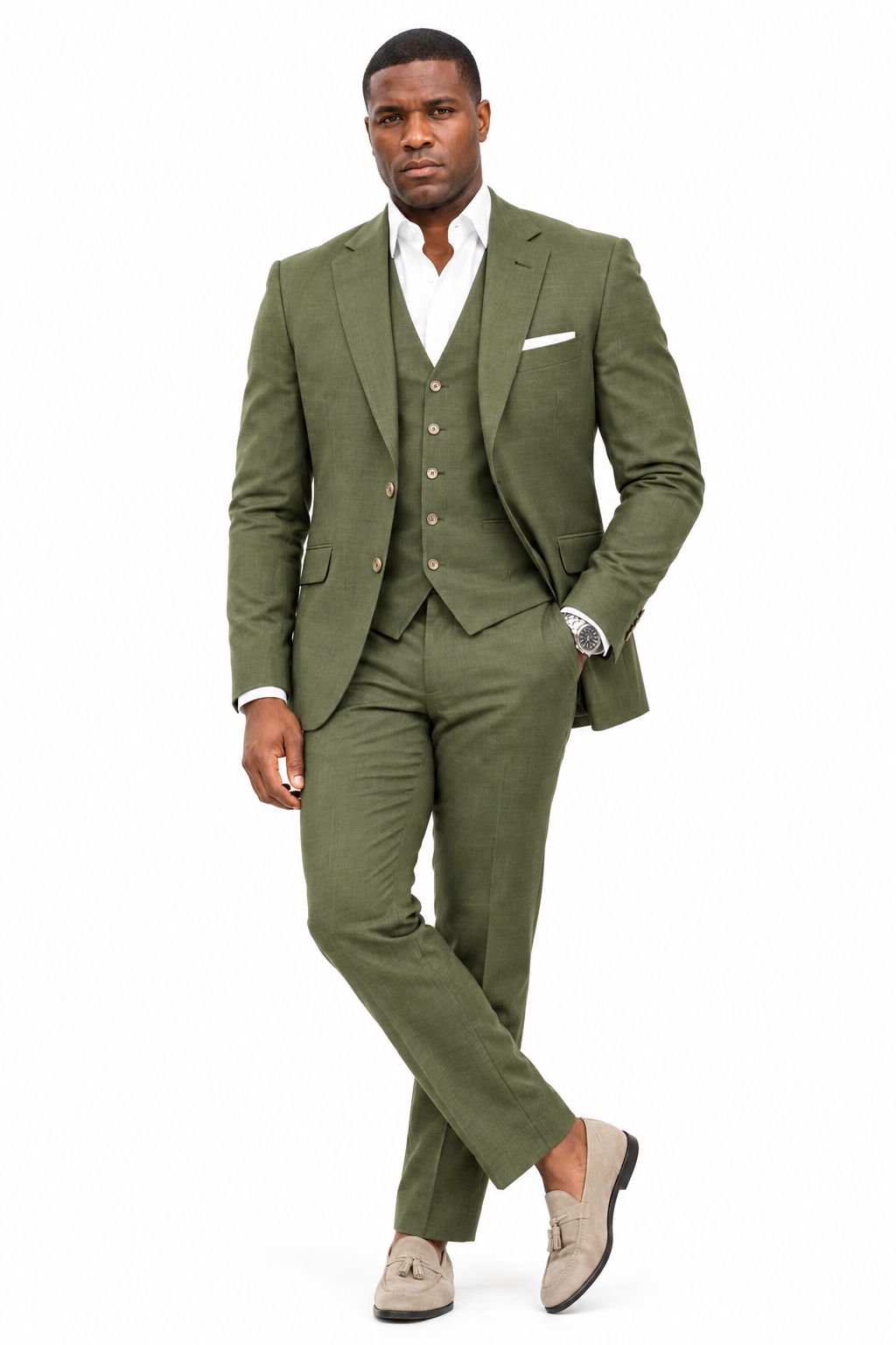 Men’s Olive Green 3-Piece Suit – Modern Tailored Fit Formal Suit